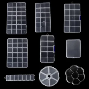 clear plastic storage boxes multi-compartment organizer detail view display items