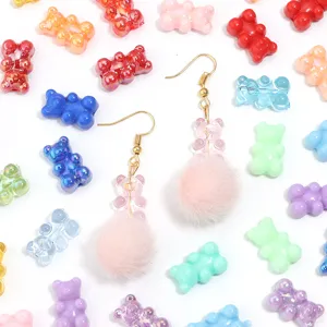 Pendientes de osito de acrílico con pompón esponjoso y cuentas de colores para bisutería DIY