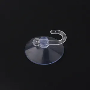 Transparent suction cup hook with mushroom head clear plastic wall mount for tile glass surface.