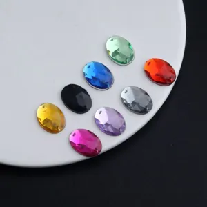 Colorful acrylic sew-on rhinestones detail showing multi-color faceted oval gems for DIY dress.