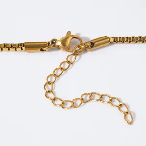 Gouden roestvrijstalen kettingdetail met kreeftsluiting en handige verlengketting voor dames.