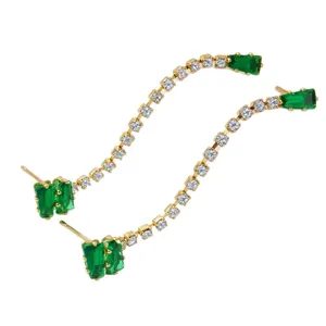 Chique lange gouden gebogen groene witte zirkonia kwast oorbellen dames mode sieraden.