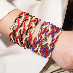 Vintage Creatief Meerlagig Geweven Kunstparel Open Manchet Armband Etnische Brede Metalen Bangle Vakantie Kostuum Accessoire Voor Vrouwen Sieraden