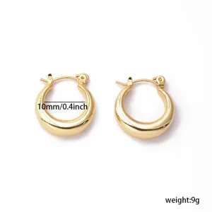 Detail view of 10mm 18k gold plated brass hoop earrings, lightweight and elegant daily jewelry.
