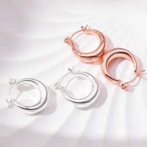 Chunky hoop earrings set in silver and rose gold, minimalist metallic ear jewelry style.