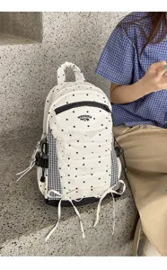 Japanse stijl polkadot rugzak met ruitjespanelen, grote schattige schooltas voor studenten.