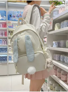 Schattige konijnenoren rugzak voor dames, kawaii lederen schooltas met pluizige staart voor dagelijks.