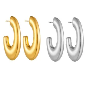 Dikke gouden en zilveren C-vormige oorringen, elegante holle geometrische retro sieraden.