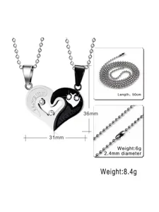 Couple heart interlocking crystal necklace set detail view, showing 50cm chain and dimensions.