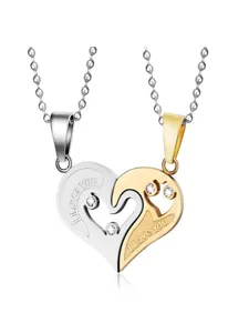 Couple heart pendant necklace set with sparkling rhinestones, matching interlocking jewelry.