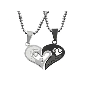 Matching couple heart necklace set with rhinestones, interlocking pendant for lovers gift.