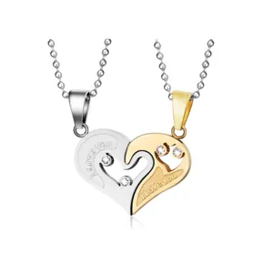 Couple heart rhinestone pendant necklace set interlocking silver and gold love jewelry gift