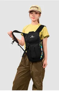 Outdoor lightweight tactical backpack detailed view in black with mesh shoulder straps.