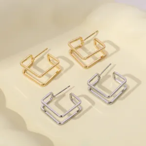 Chique geometrische dubbele vierkante creolen, minimalistische metalen oorbellen voor dames.