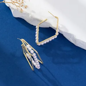 Vintage Koperen Geometrische Hart Oorbellen Met Kunstparel Roestvrijstalen Stift Goud Zilver Oorbellen Voor Vrouwen