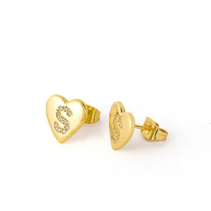 Vergulde hartje letter S oorknopjes met strass steentjes trendy dames mode sieraden
