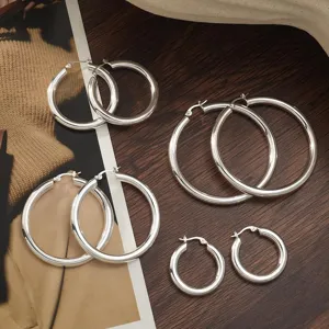 Zilveren dikke creolen oorbellen set, lichte holle ronde grote oorbellen voor dames.