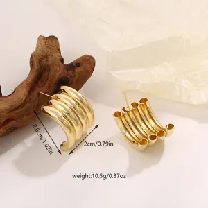 Gedetailleerd overzicht van trendy gouden buisvormige oorbellen met geometrisch ontwerp.