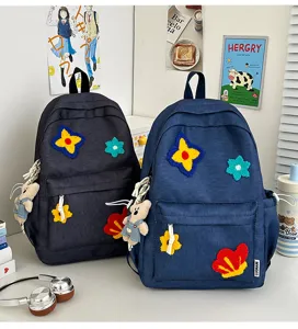 Japanse stijl canvas schoolrugzak grote capaciteit met schattige bloem badges casual