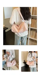 Détails du sac bandoulière cylindrique en nylon rose, grand format décontracté pour bureau.
