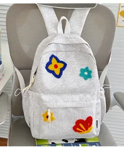 Grijs canvas schoolrugzak met schattige geborduurde bloemen, grote capaciteit college tas.