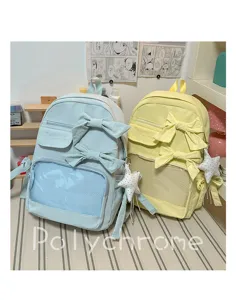 Bonita mochila ita de estilo japonés con lazo y bolsillo de malla para escuela y diario.