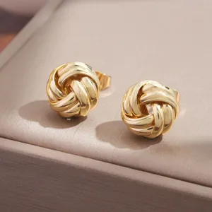 Pendientes de botón con nudo de metal dorado para mujer, joyería geométrica de moda.