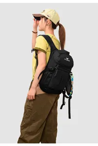 Black multi-functional outdoor backpack detail, featuring large capacity and durable straps for hiking.