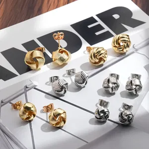 Pendientes de tuerca geométricos de metal con nudo en oro y plata, joyas elegantes.