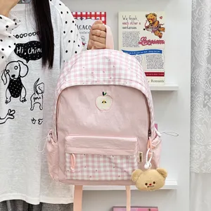 Sac à dos étudiant mignon à carreaux roses avec pomme brodée et adorable pendentif ours