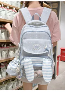 Schattige blauw-witte gestreepte rugzak met konijnenoren voor meisjes, schoolstijl