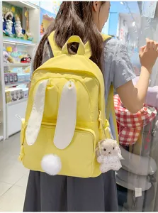 Leuke gele konijnenoren rugzak voor meisjes, lichte casual tas met een pluizige staart.