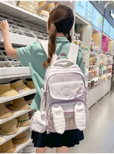 Leuke blauw-witte schoolrugzak met konijnenoren voor meisjes,zacht en stijlvol dagelijks gebruik.