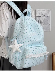 Japanese style blue star print backpack with white lace trim, cute student school bag.