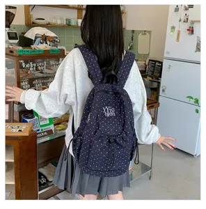 Detailed view of casual navy blue backpack with white polka dots, featuring front pocket and straps.