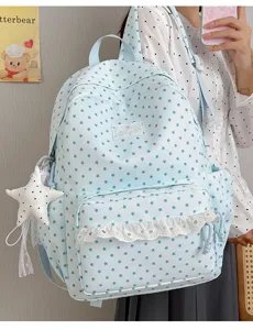 Japanese style star print lace backpack casual student school bag with cute pendant detail