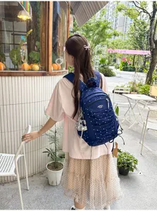 Gedetailleerd uitzicht op een Japanse stijl geplooide blauwe rugzak met stippen buiten gedragen.