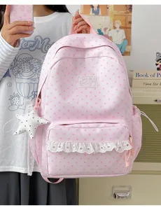 Japanese style pink star print canvas school backpack with cute lace ruffle for students.