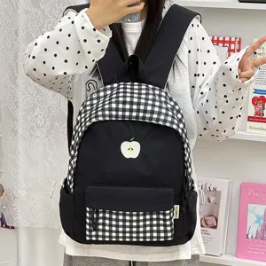 Sac à dos scolaire à carreaux noir et blanc décontracté avec jolie broderie de pomme