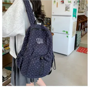 Detail view of the stylish navy blue polka dot backpack with spacious capacity and drawstring.