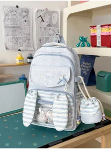 Schattige blauw-witte gestreepte konijnenoor rugzak met doorzichtige voorzak en klein tasje.