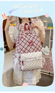 Japanse stijl zoete ruitjes schoolrugzak met schattige strikjes voor jonge meisjes.