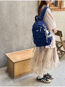 Japanse stijl geplooide polkadot rugzak, comfortabele casual schooltas met handige voorzak.