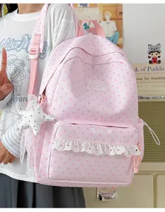Japanese style pink star print school backpack with cute lace trim and large capacity for daily use.