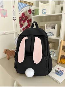 Leuke zwarte rugzak voor studenten met roze konijnenoren en een schattige pluimstaart.