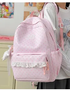 Pink star pattern school backpack with lace ruffle, casual cute large capacity daypack for teens.