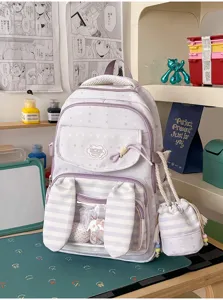 Leuke paars gestreepte konijnenoren schoolrugzak met bijpassend etui voor tiener meisjes.