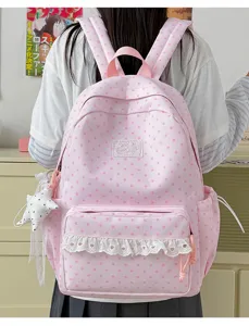 Detail shot of the pink star-patterned student backpack featuring delicate lace ruffles and pockets.
