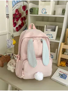 Roze schattige konijnenoren rugzak voor meisjes, zoete stijl dagelijkse reizen kleine tas.