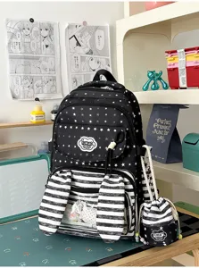 Zwarte schoolrugzak met sterren en konijnenoren en bijpassend tasje voor meisjes en studentegebruik.
